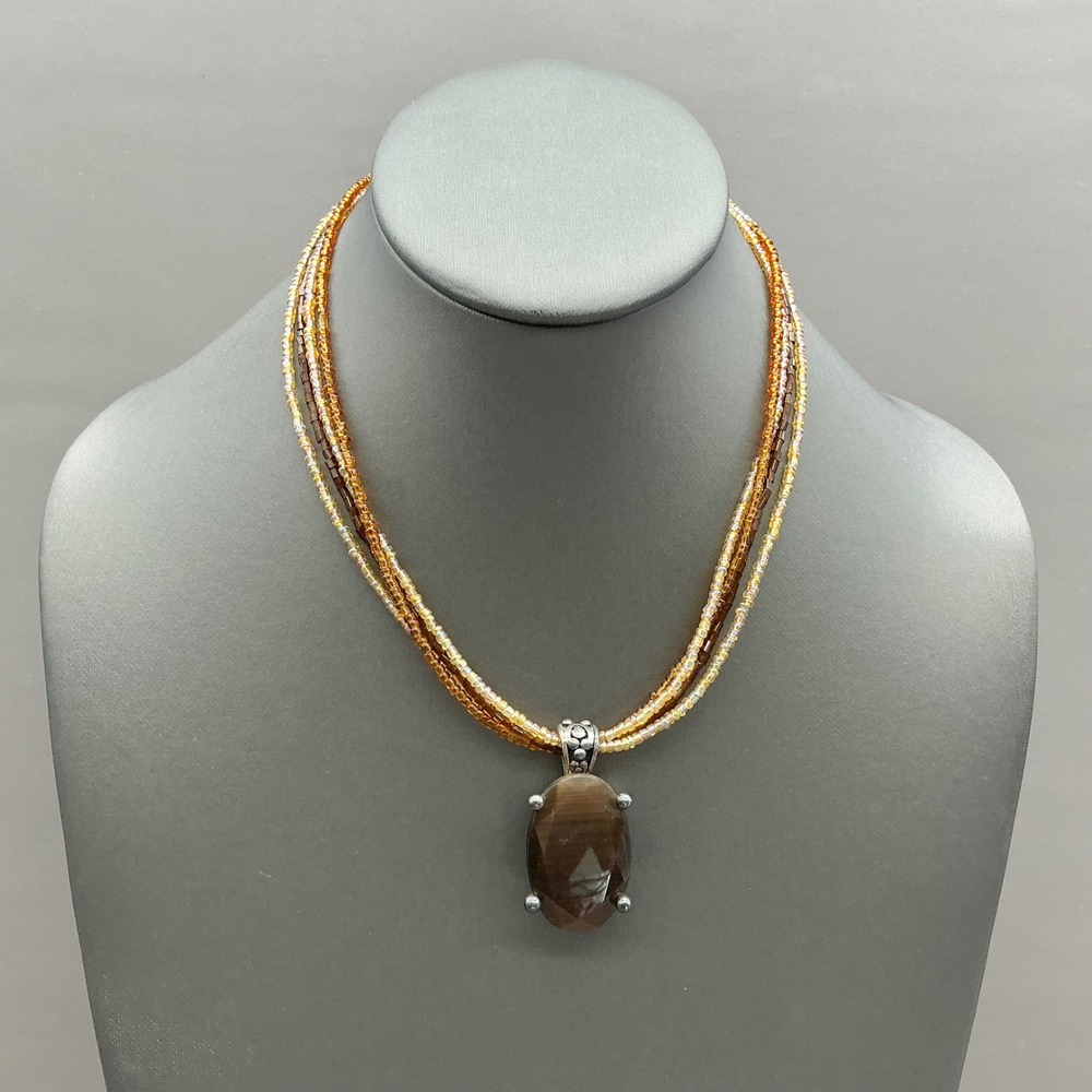 Premier Designs Necklace Women Brown Multi Strand Seed Bead Faux Stone Pendant